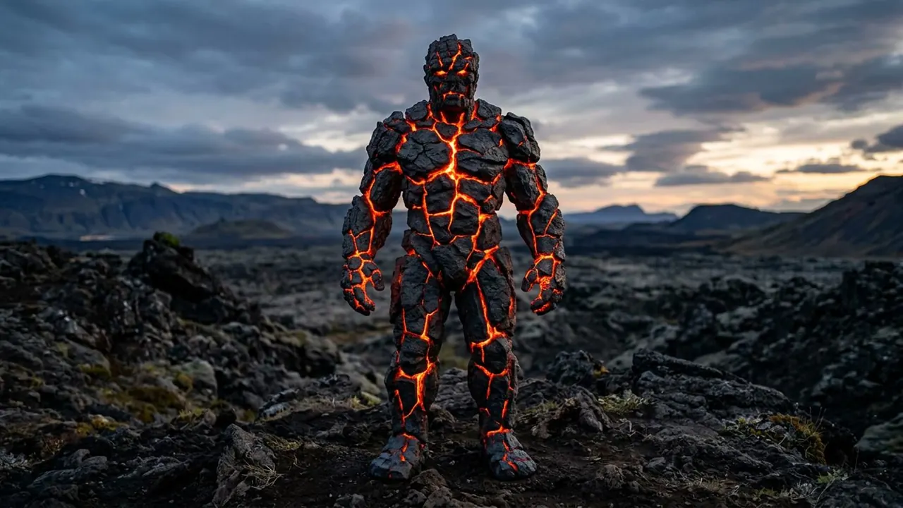 Lava: A figure is made of cracked dark rock with molten light inside.
