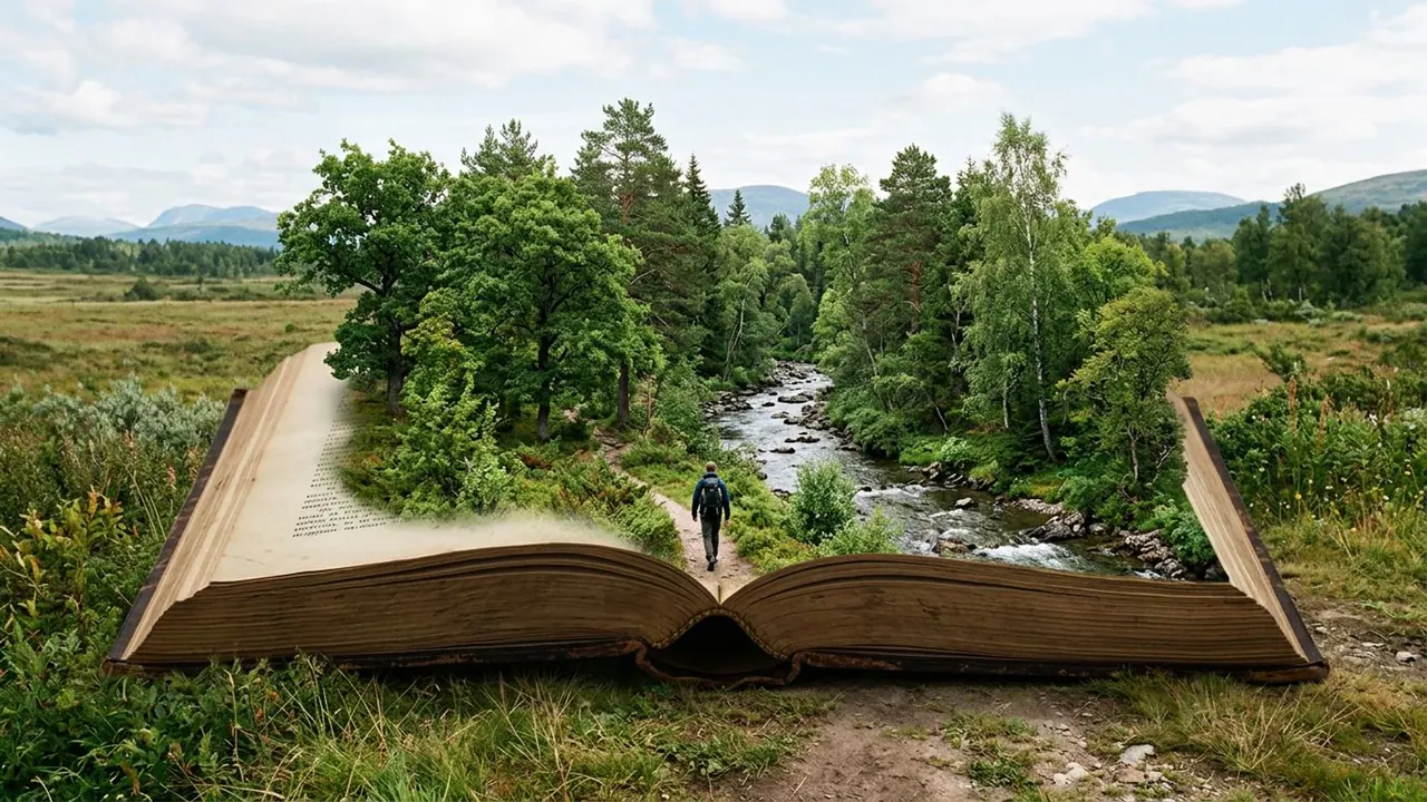 Lost in a Book: An enormous open book becomes the world the subject enters.