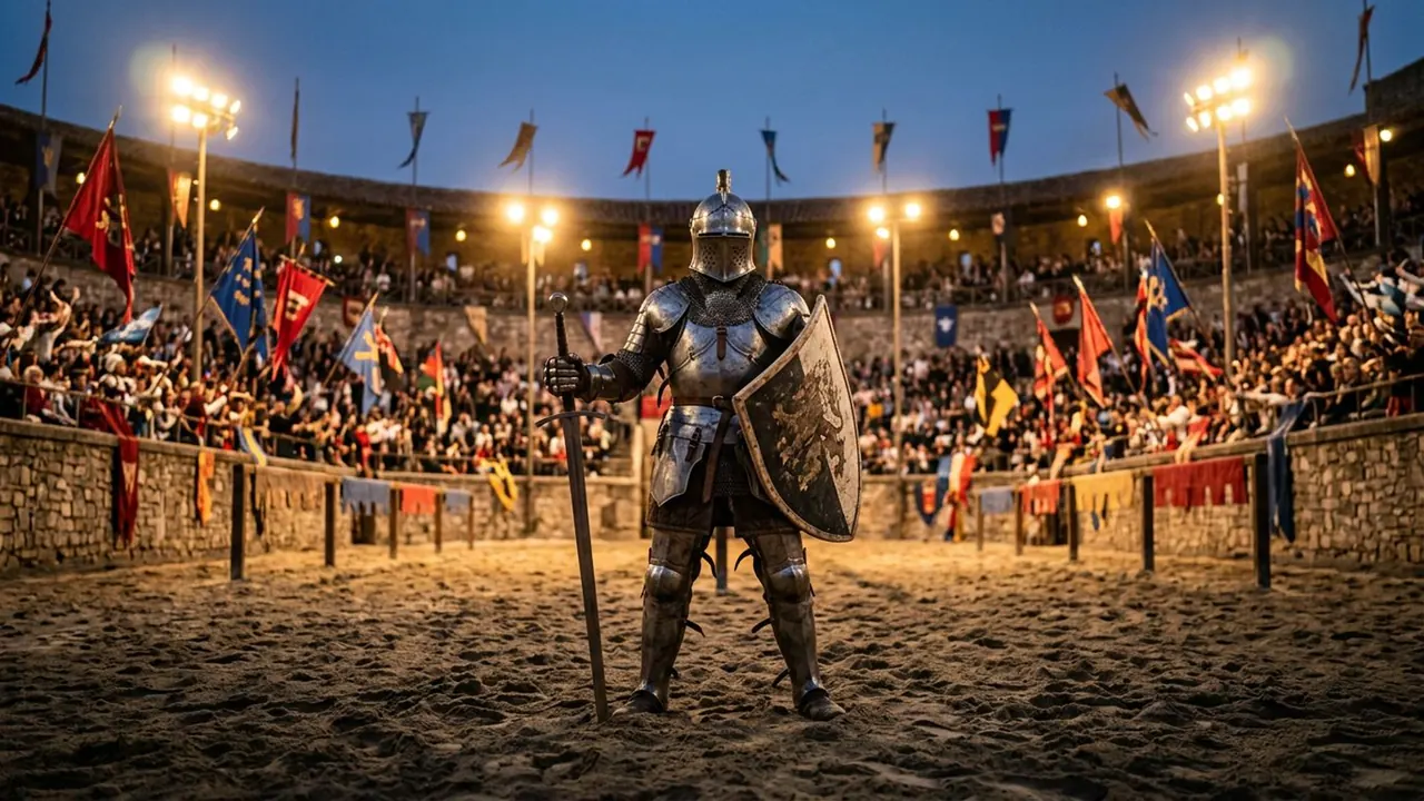 Mighty Fighter: An armoured figure holds a heroic stance in a lit arena.