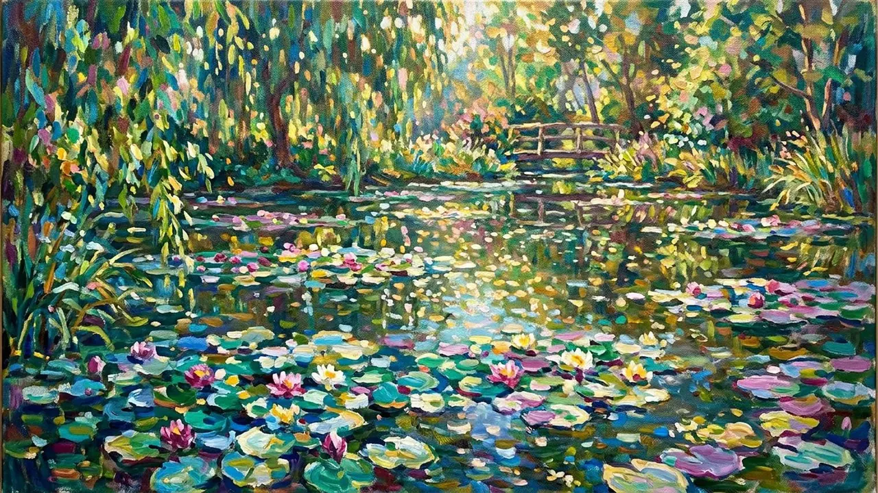 Monet Muse: Impressionist dappled brushwork breaks the light into colour patches.