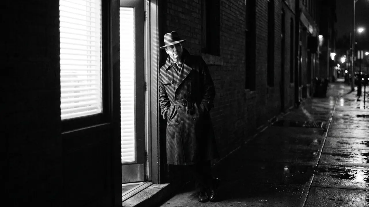 Noir: Black and white, hard shadow, wet streets and blind slats.