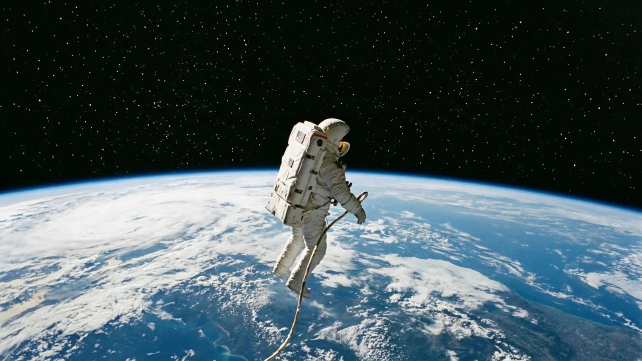 Orbital Presence: A figure floats in space with the planet curving below.