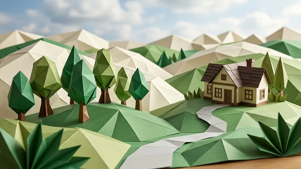 Origami: The world is built from folded paper with visible creases.