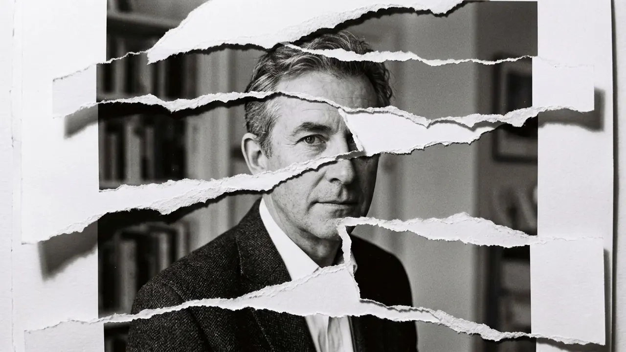 Paper: Torn paper layers frame and interrupt the image.