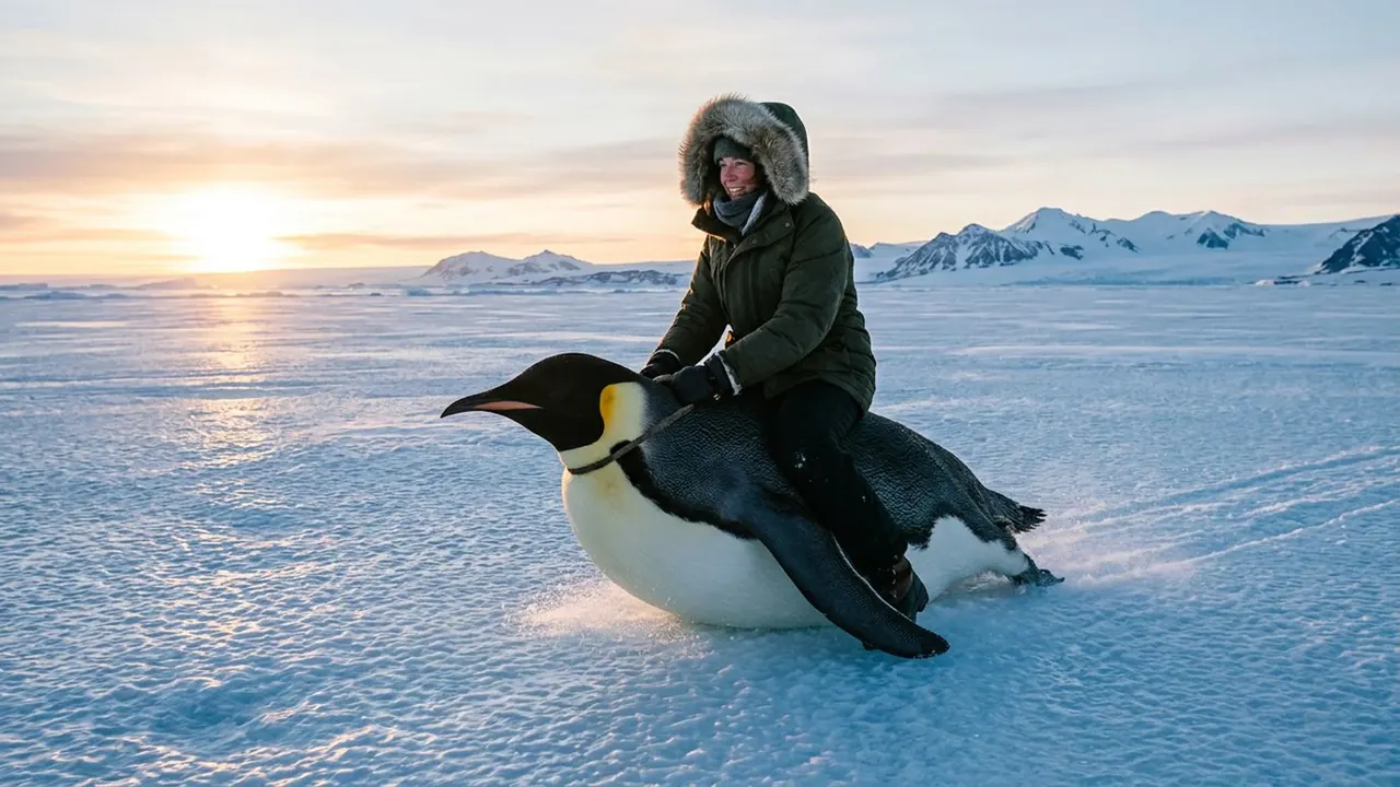Penguin Ride: A person rides a large polar bird across ice.