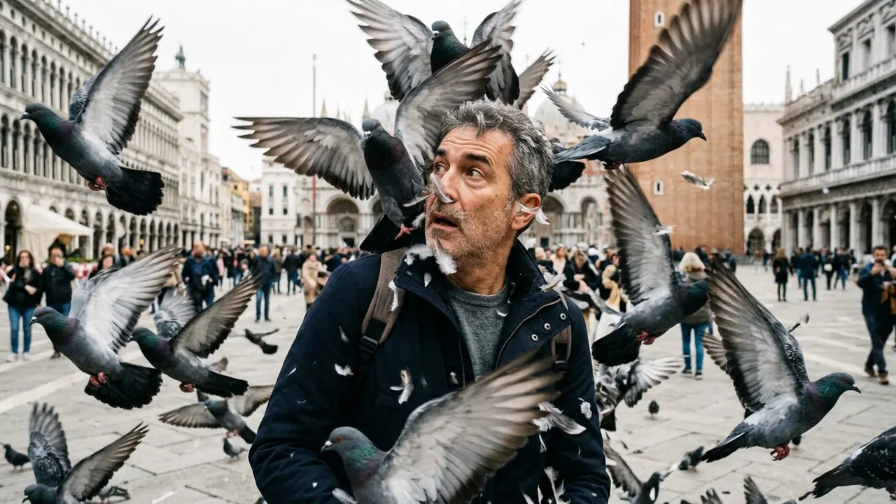 Pigeons: Birds burst past the face, filling the frame with wings.