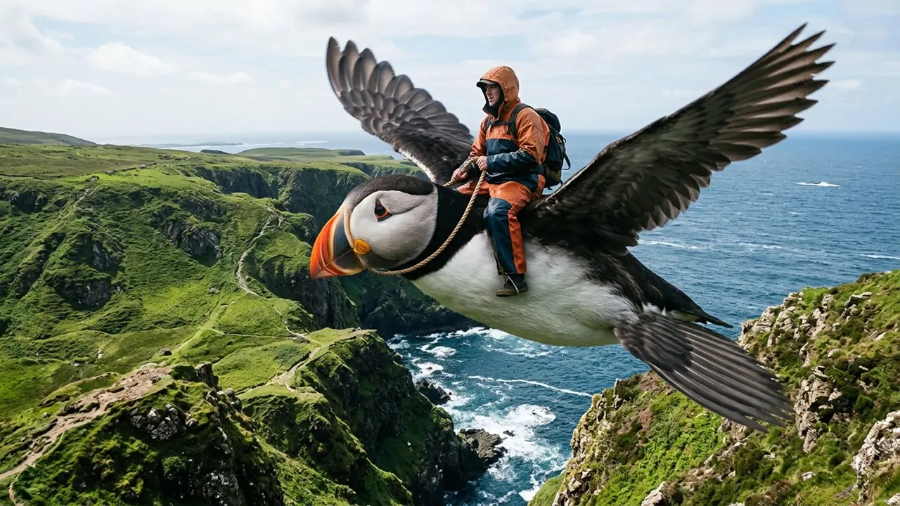 Puffin Ride: A person rides a large seabird over coastal cliffs.