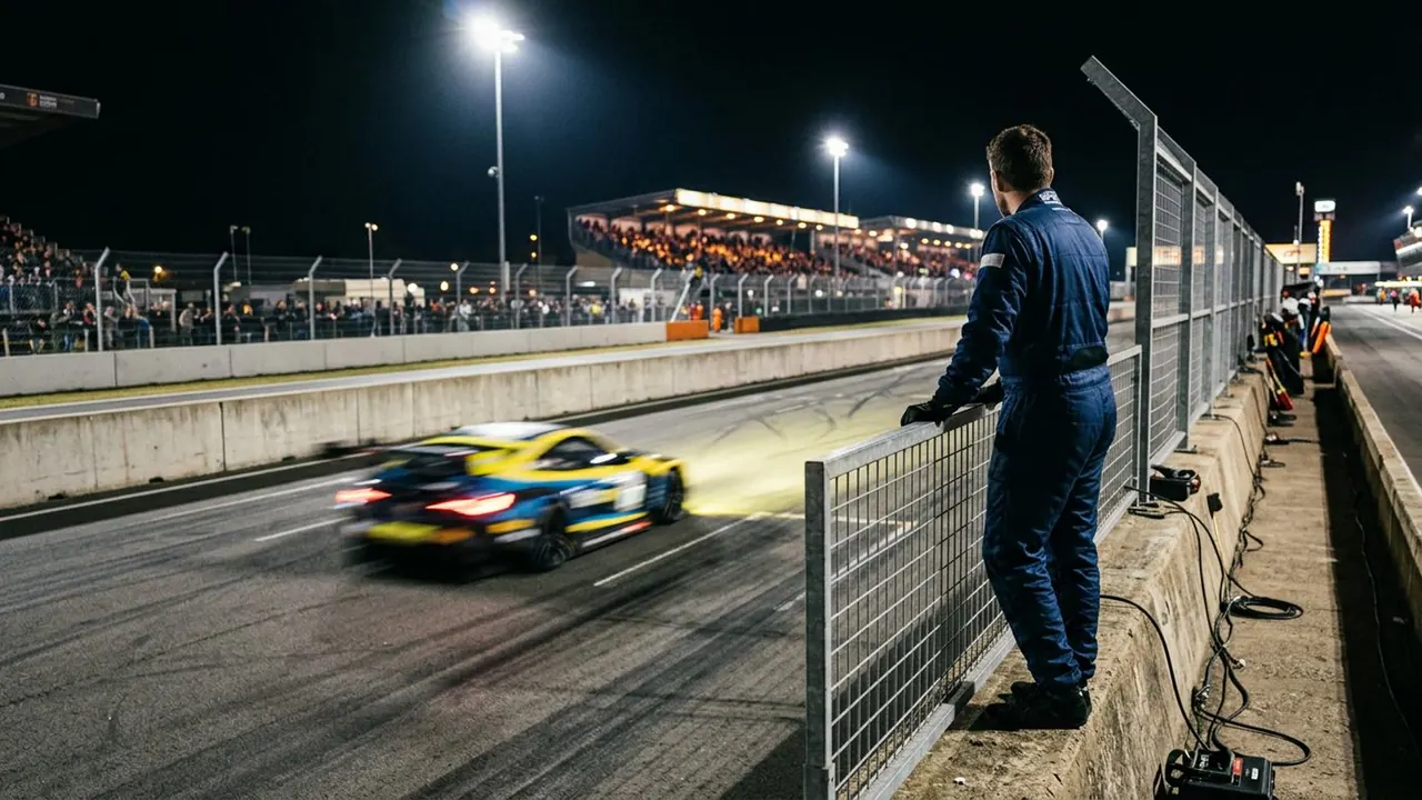 Race Track: A figure overlooks a racing circuit at speed.
