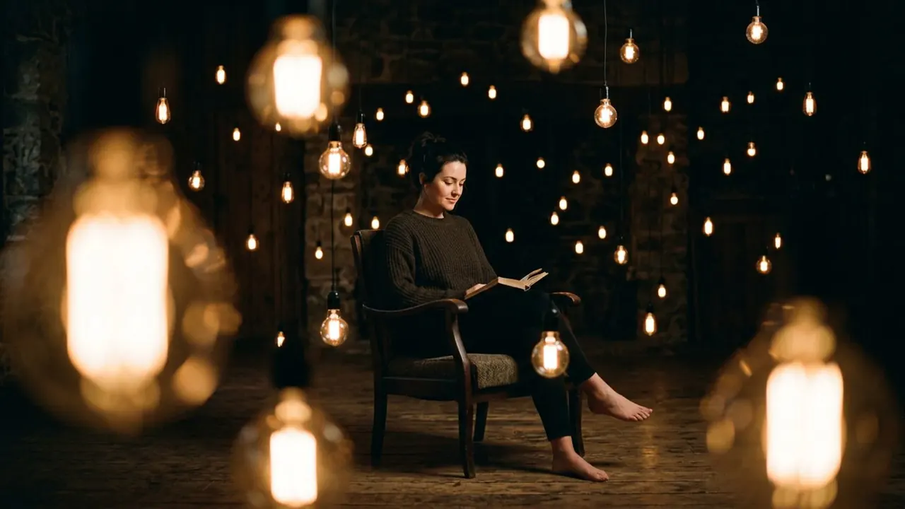 Random Glow: Scattered warm bulbs float through the frame as glowing points.