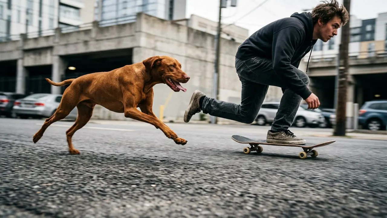 Skatedog: A dog runs alongside a skater, shot low and fast on the street.