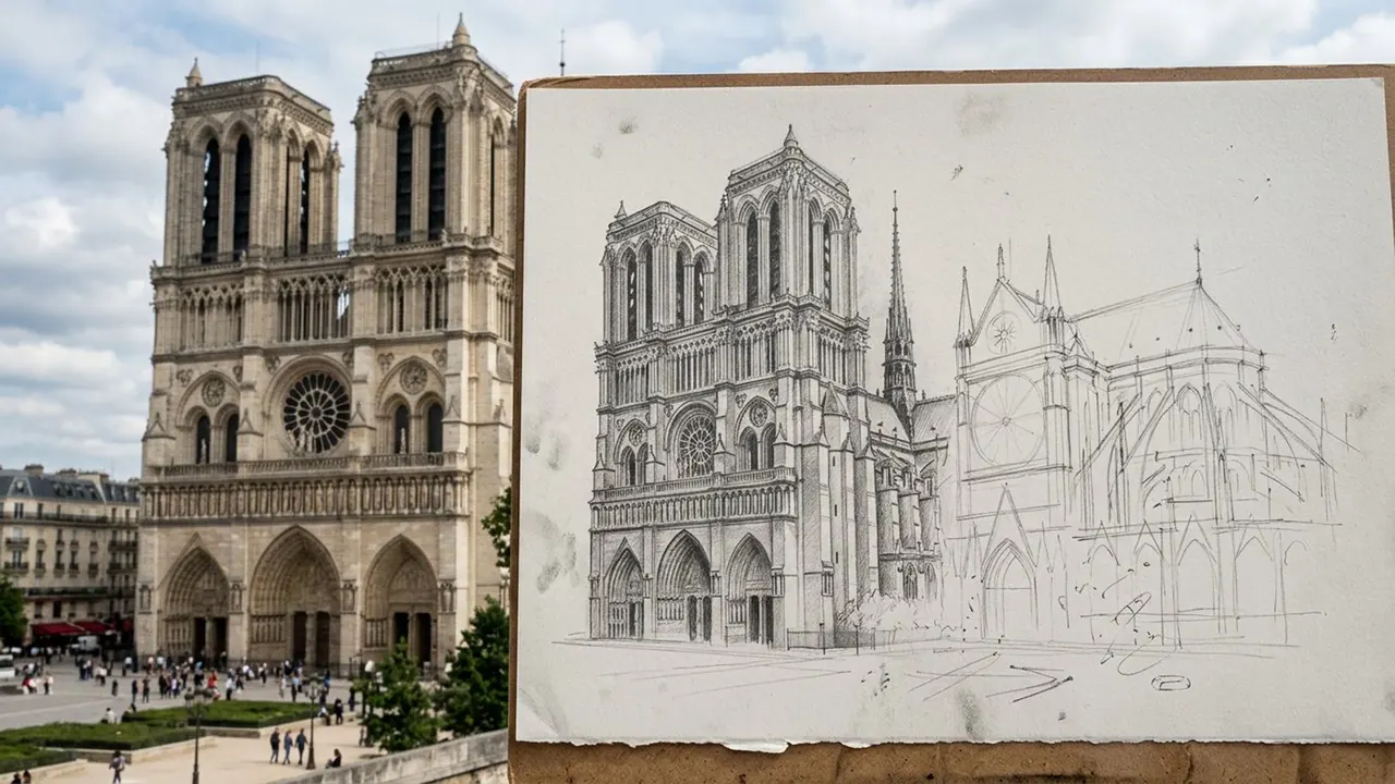 Sketch: A pencil drawing sits half-finished over the photograph.