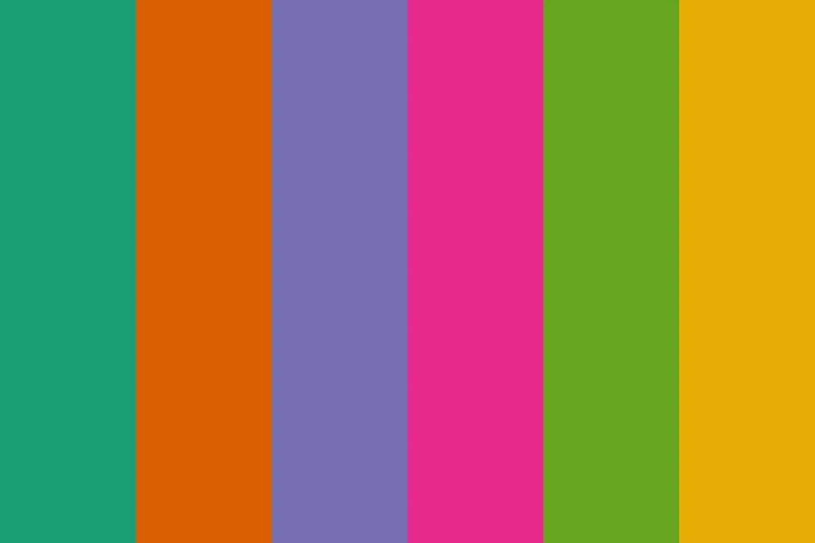 Categorical Data: Six unrelated hues held at one depth, for six things that have no order.