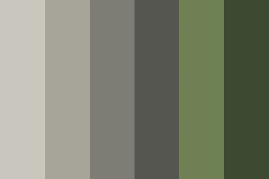 Concrete and Moss: Four warm greys with two greens growing out of the damp ones.