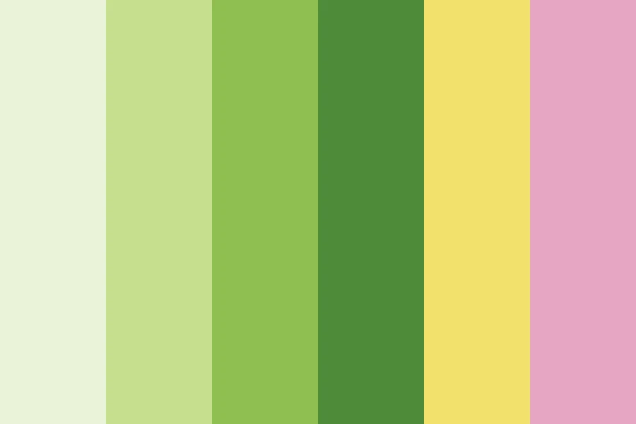 Spring Meadow: Four greens climbing from pale to deep, with a buttercup yellow and a clover pink in them.