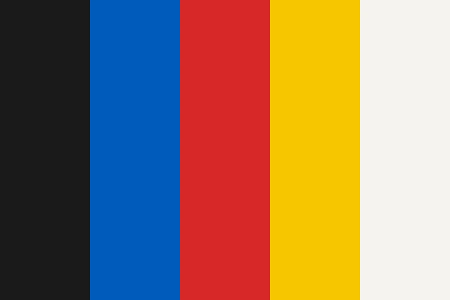 Bauhaus Primaries: Red, yellow and blue at full strength, plus black and white, and nothing else.
