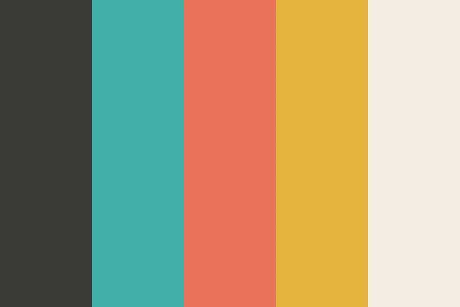 Fifties Atomic: Turquoise and coral against charcoal and cream, with mustard doing the shouting.