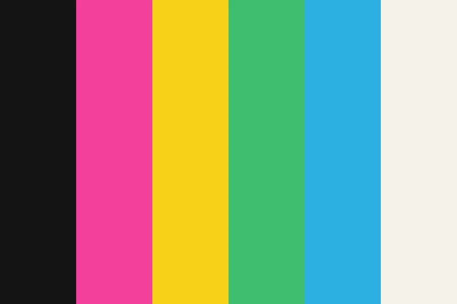 Memphis Clash: Four bright colours chosen not to go together, on white, with black doing the drawing.