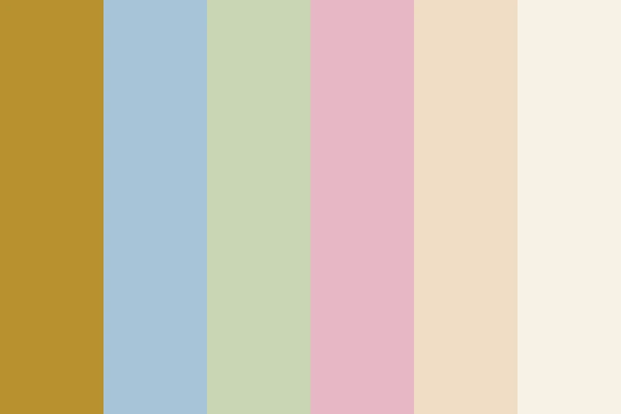 Rococo Pastel: Powder blue, rose and pistachio at half strength, held together by cream and gilt.