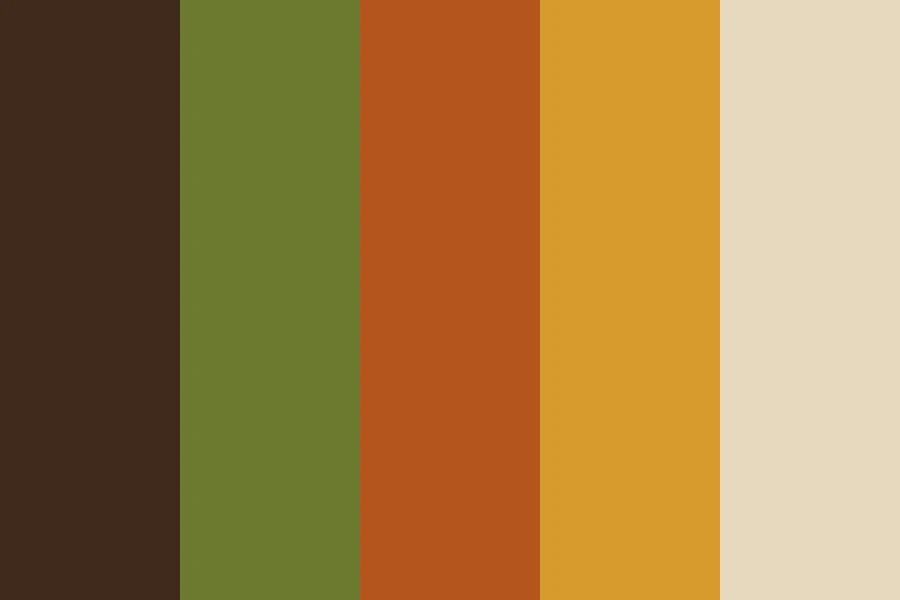Seventies Earth: Avocado, harvest gold and burnt orange over brown, with every hue pulled toward earth.