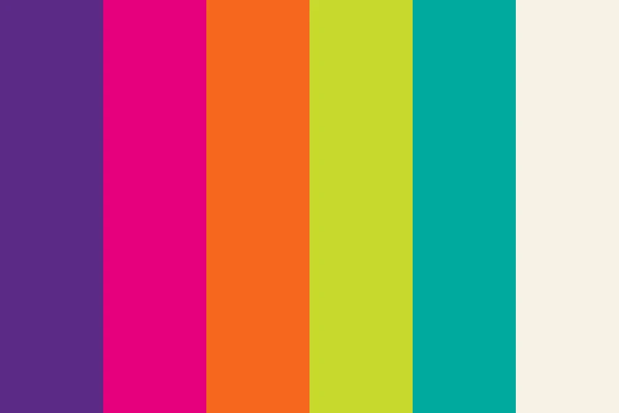 Sixties Pop: Hot pink, orange and lime at full strength, flat, with nothing to calm them down.