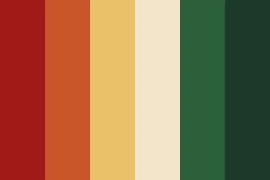Red and Green Glow: Warm red and bottle green held together by gold, with every surface kept warm.