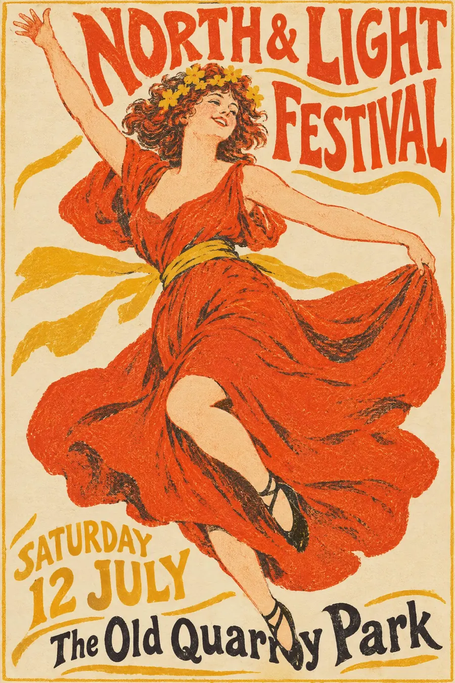 Belle Epoque Lithograph: A joyful figure mid-movement, flat lithographic colour, and the title hand-drawn around her.
