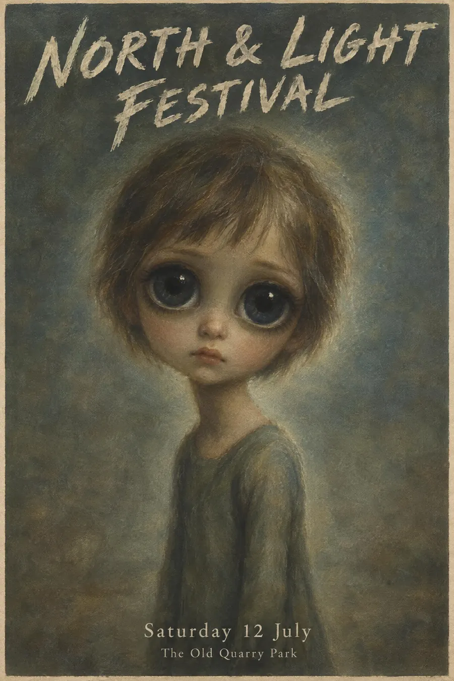 Big Eyes: A large-eyed melancholy child, painted in murky colour against a bleak background.