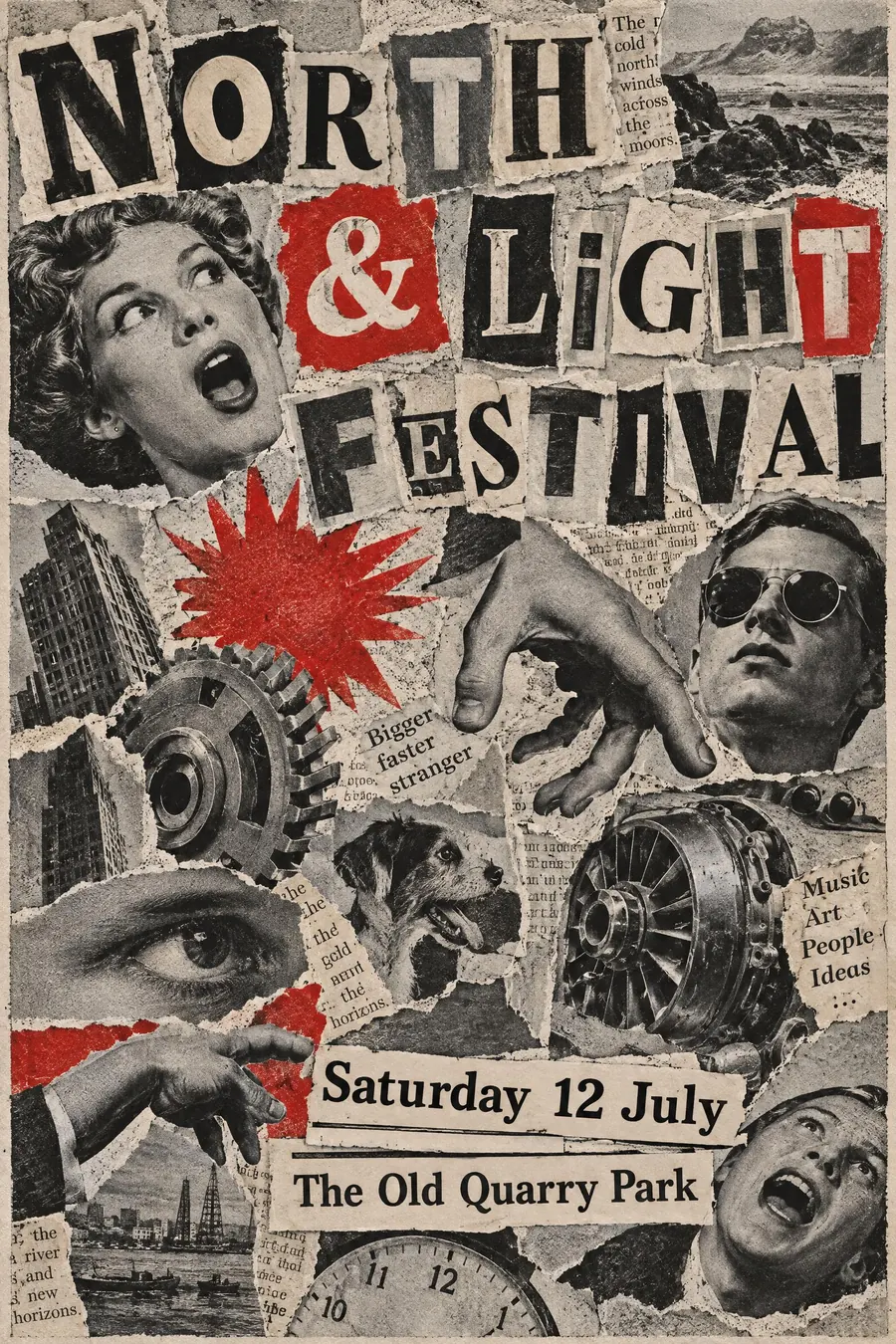 Dada Collage: Cut newspaper, mismatched photographs and type at every angle, glued into nonsense.