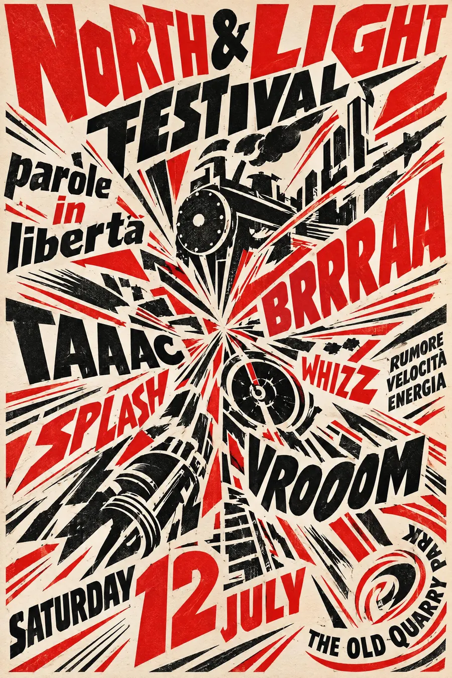 Futurist: Words thrown across the sheet at speed, with force lines and no baseline.