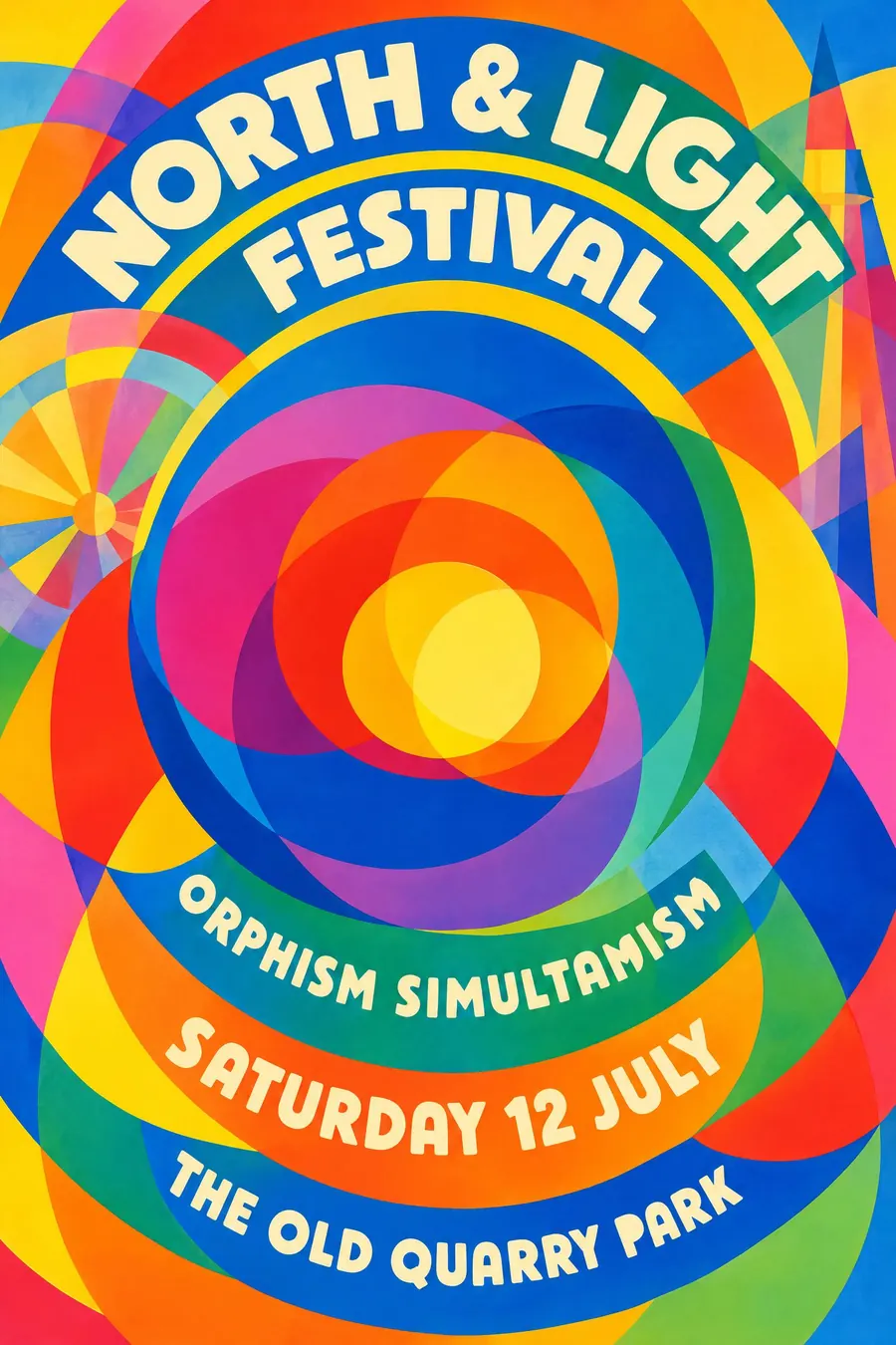 Orphism: Overlapping colour discs and arcs, saturated, with the colour doing all the work.