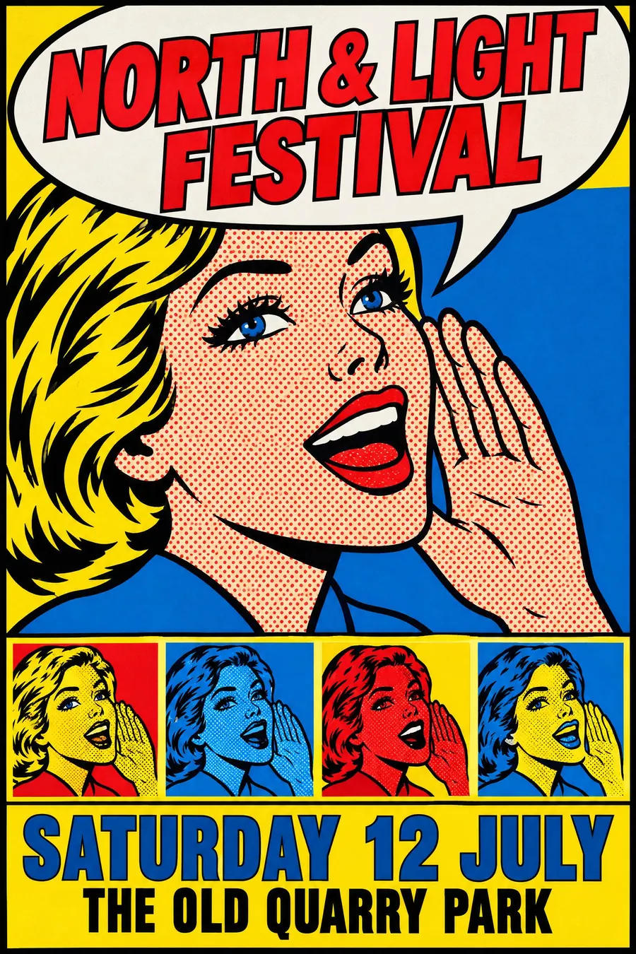 Pop Art: Commercial imagery blown up: Ben-Day dots, thick black outlines and flat primaries.