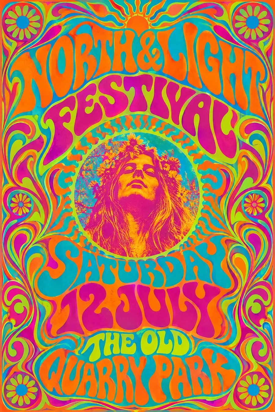 Psychedelic Sixties: Melting hand lettering that fills every gap, in colours that vibrate against each other.