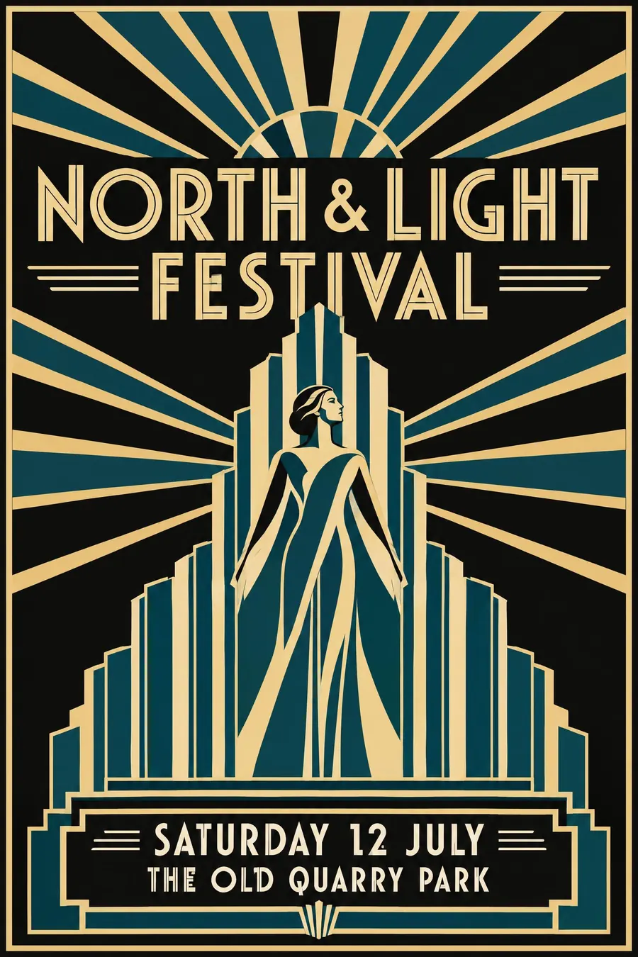 Art Deco: Stepped forms, a sunburst, and gold on black with everything symmetrical.
