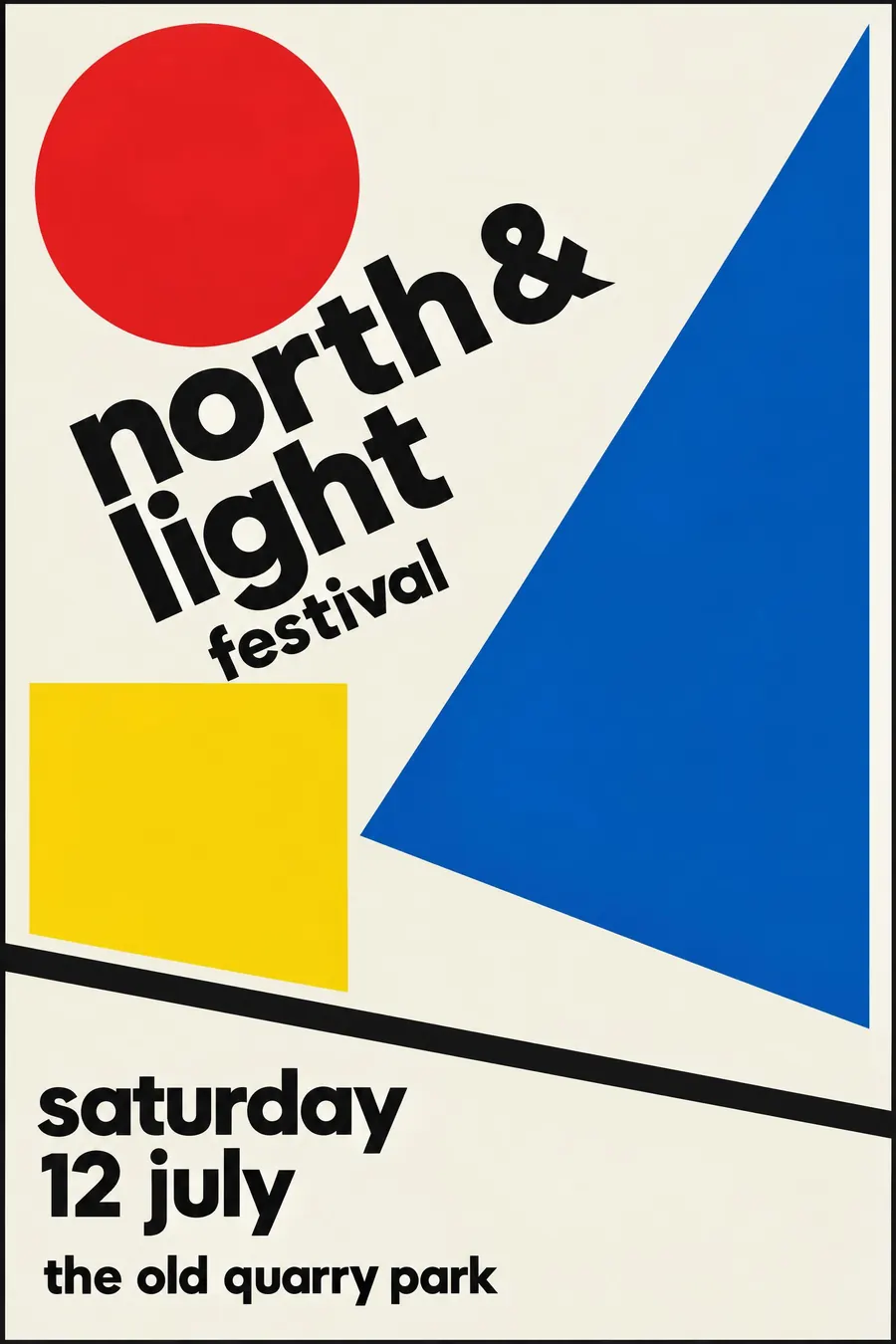 Bauhaus: Circle, square and triangle in primary colours, arranged off centre.