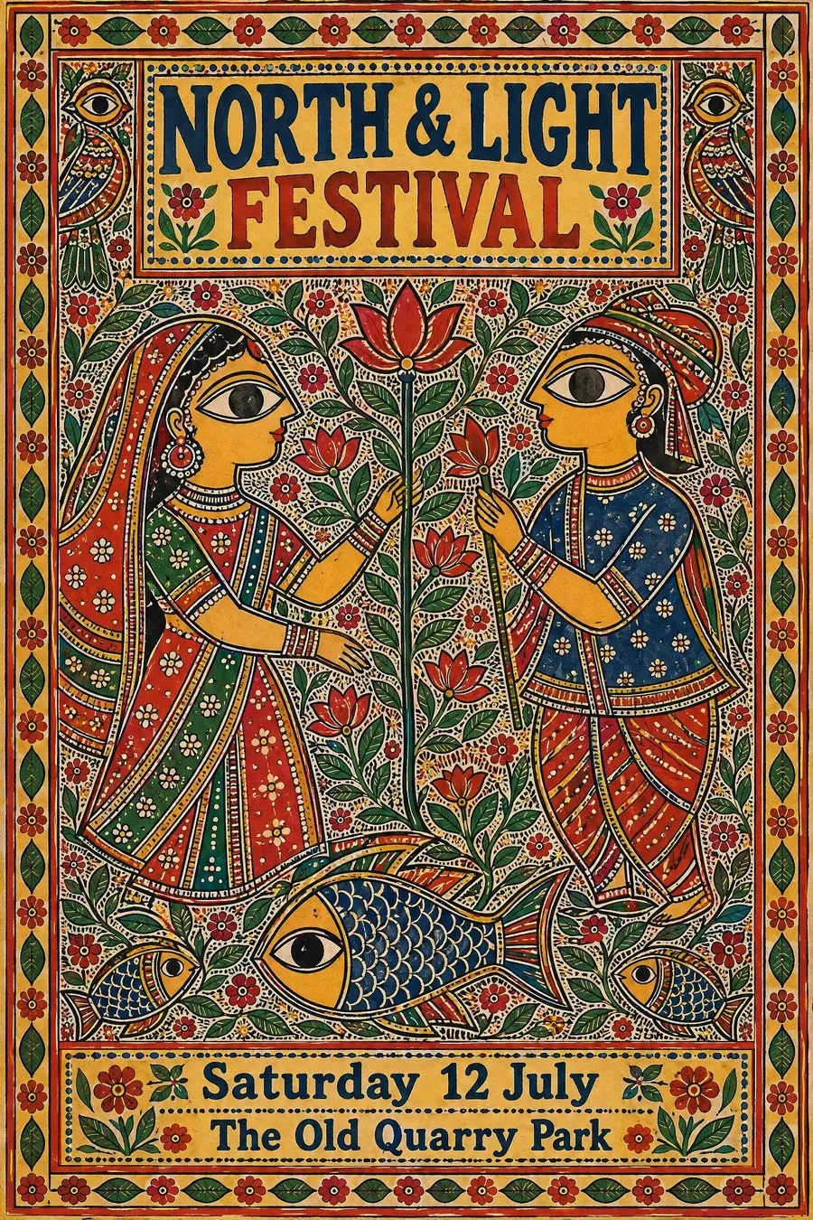 Madhubani: Every gap filled with pattern, figures with huge outlined eyes, and a double-ruled border.