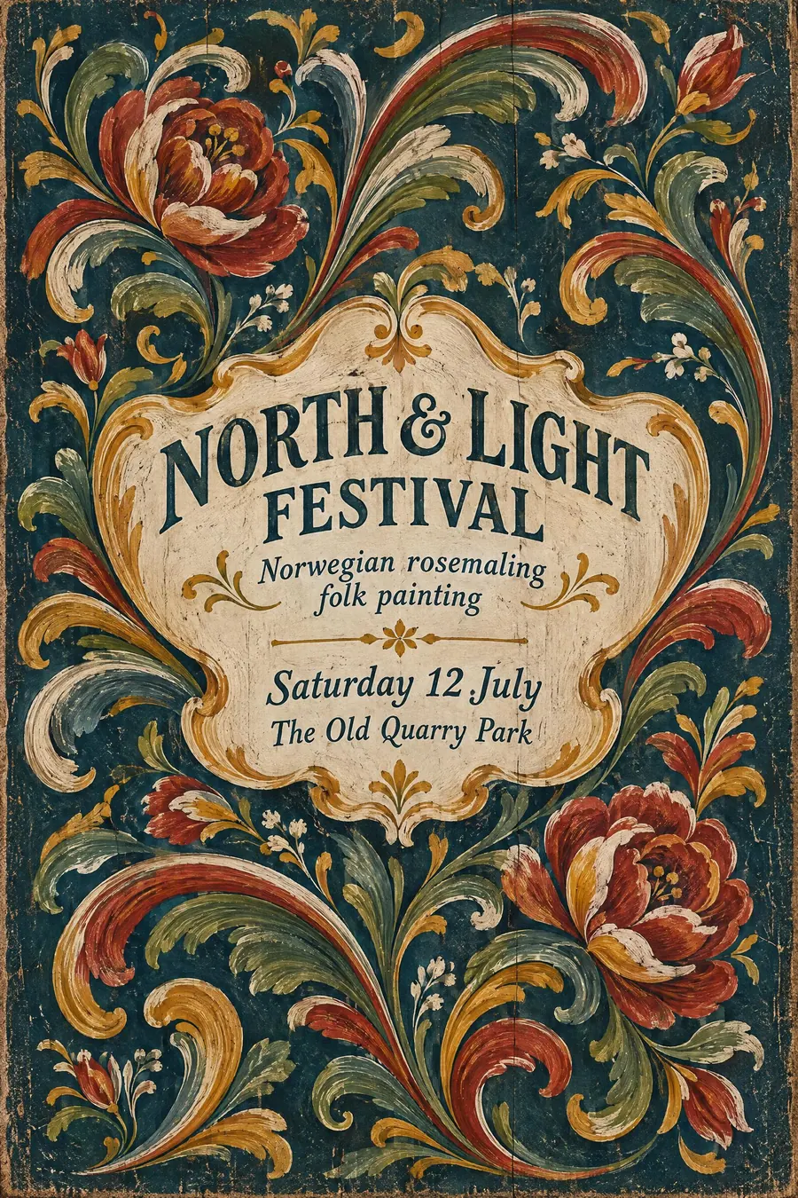 Rosemaling: Flowing C and S scrolls of painted flowers, with a loaded brush and a visible highlight stroke.