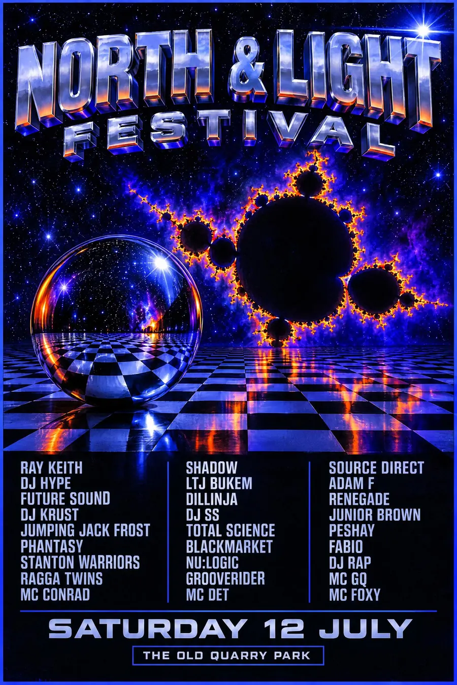 Drum and Bass Flyer: Early 3D renders and fractals, chrome type, and a much darker palette than the rave next door.