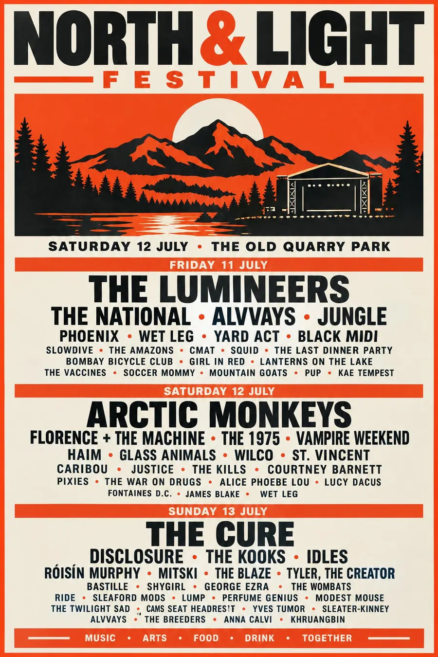 Festival Indie Lineup: One central graphic, then the whole bill stacked underneath in strict size order.