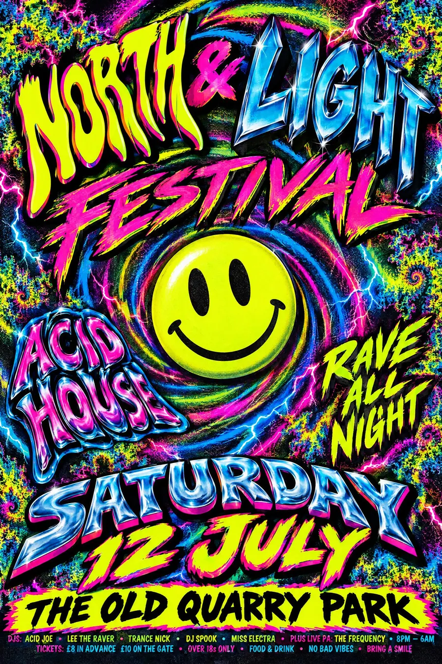 Rave and Acid Graphics: Neon on black, a smiley, warped type and every effect the software had.
