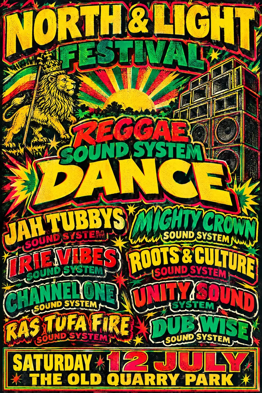 Reggae Sound System Flyer: Red gold and green, a lion, and every sound system named in a different typeface.