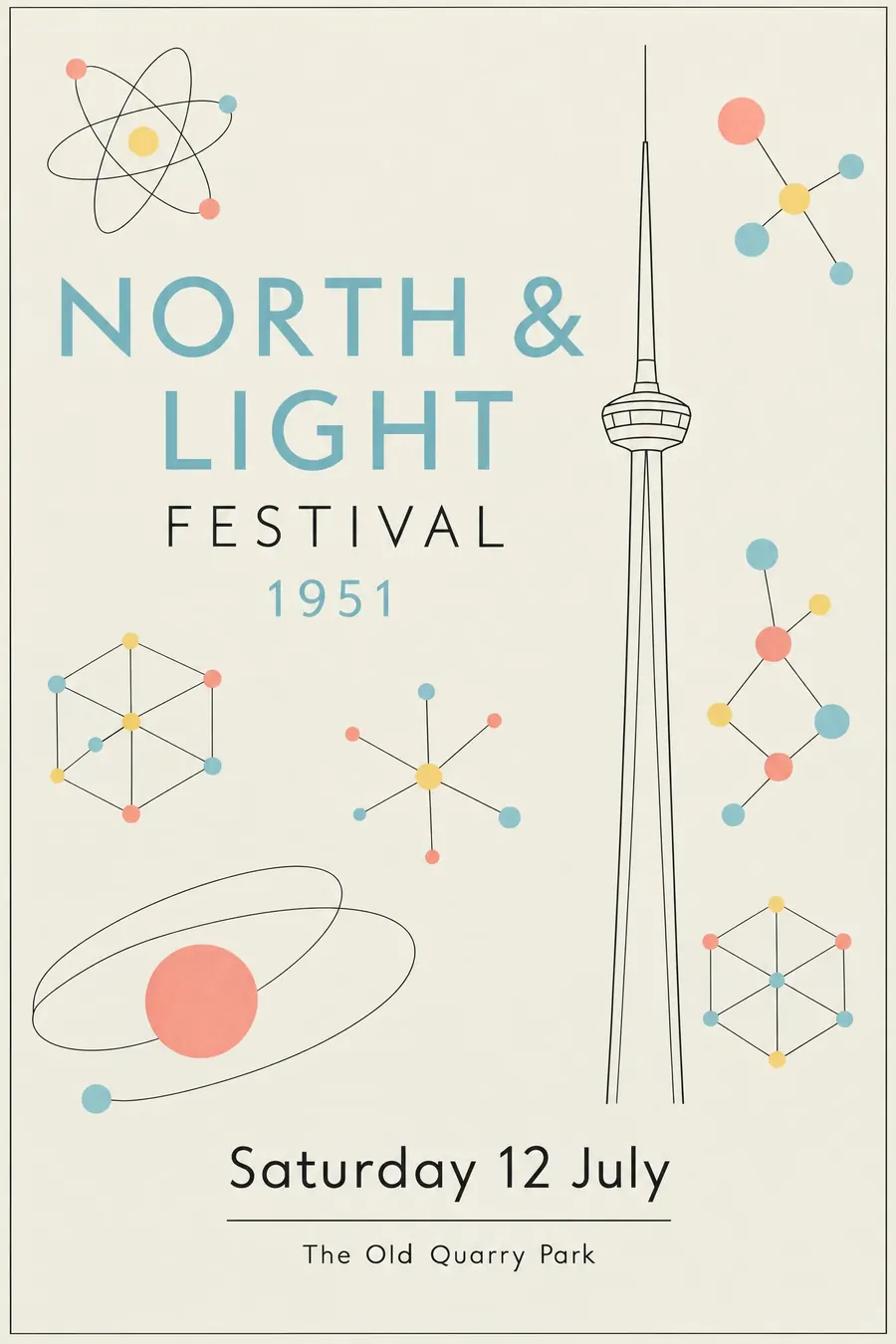 Festival of Britain: Spindly line drawing, molecular shapes and a cheerful postwar optimism about science.