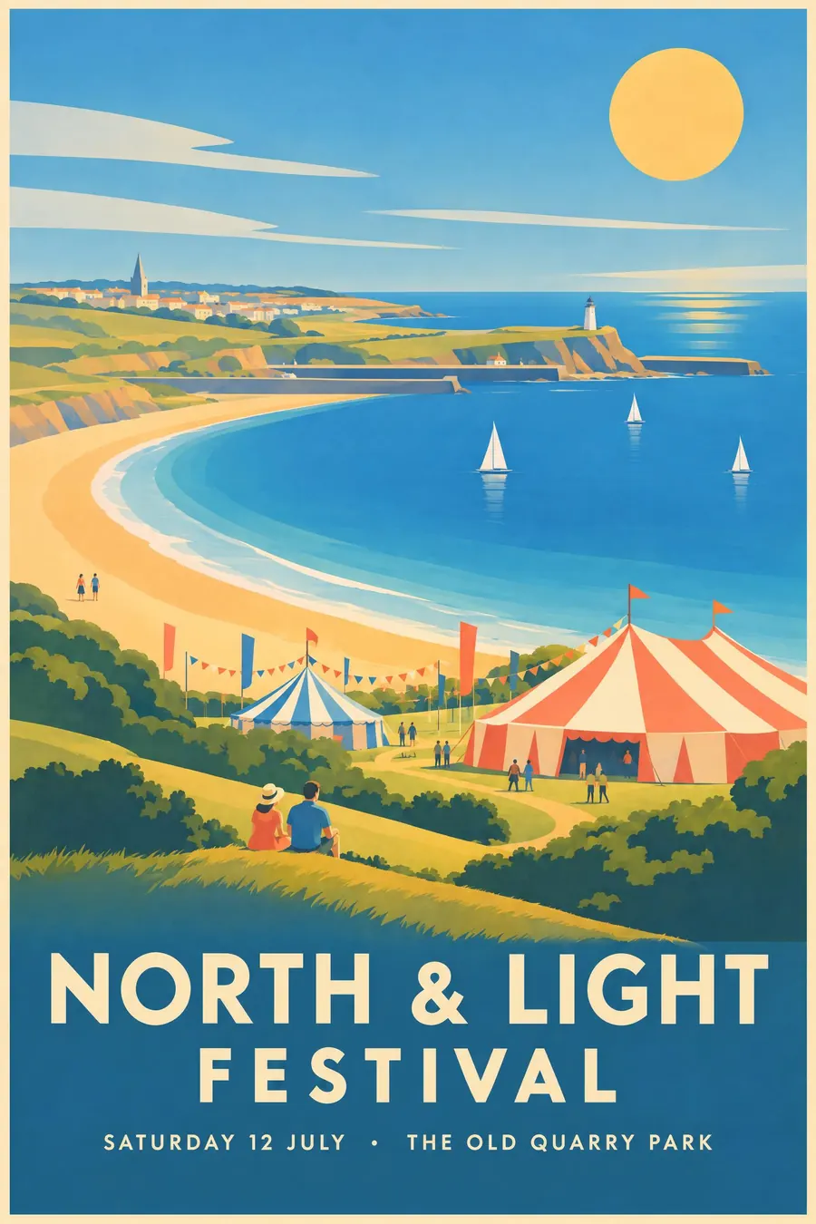 Golden Age Travel Poster: One idealised view, flat airbrushed colour, and the place name in big clean capitals.
