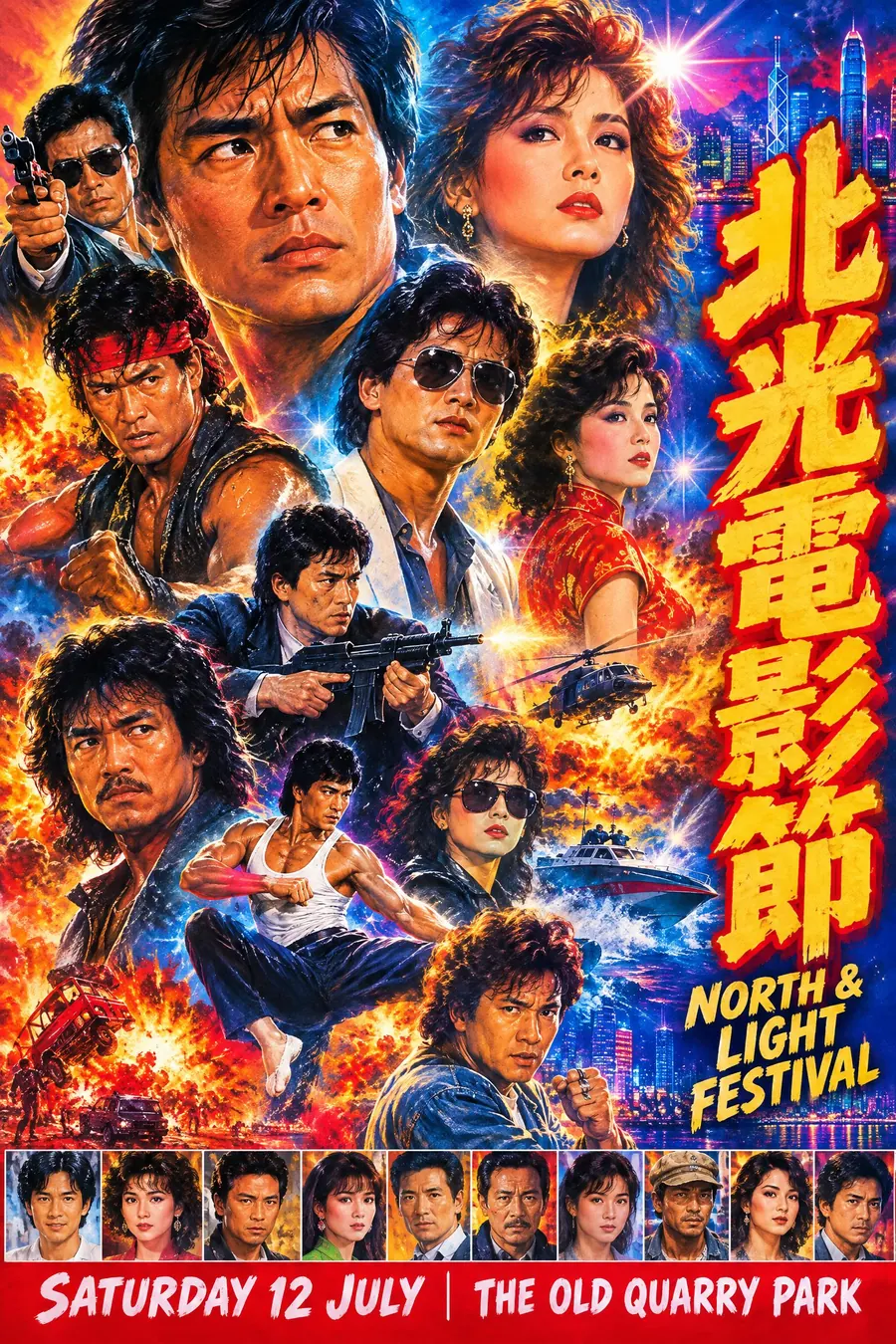 Hong Kong Cinema Poster: A collage of painted faces and action, packed edge to edge, with huge Chinese characters.