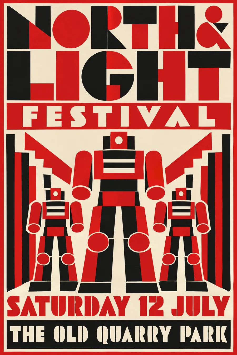 Italian Futurist Typography: Futurism grown up and sold: mechanical letterforms built from blocks, in red and black.