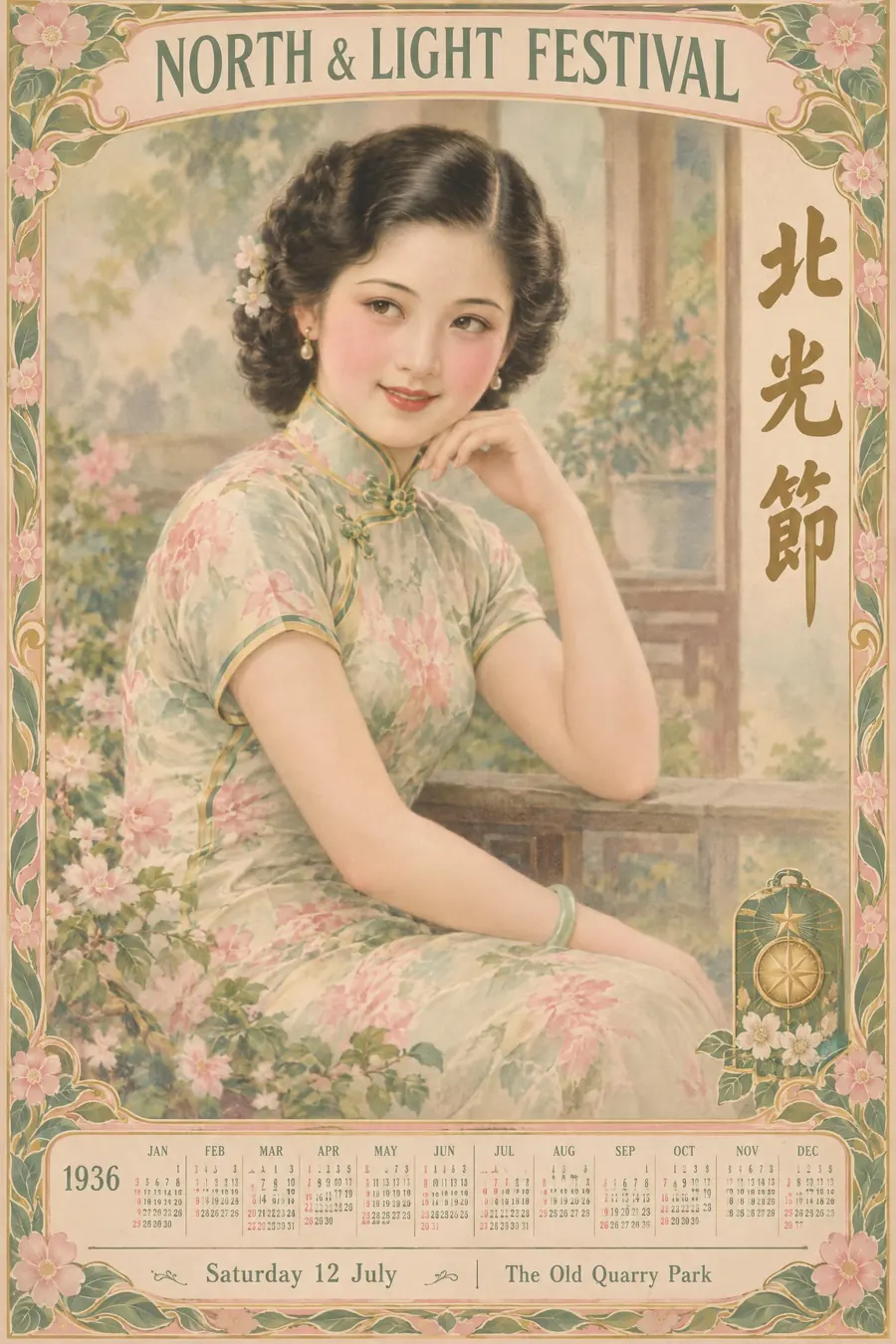 Shanghai Calendar Poster: An airbrushed woman in a qipao, soft as a photograph, selling something in the corner.