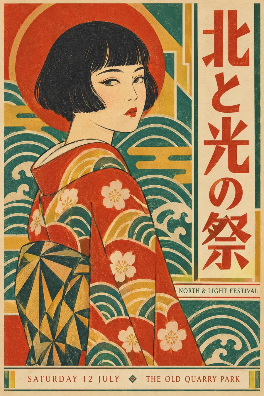 Taisho Modern: Japanese and Art Deco at once: a modern girl, flat colour, and vertical Deco lettering.