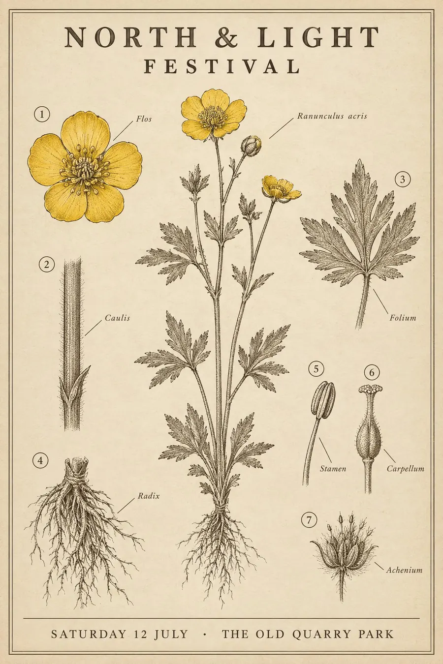 Botanical Scientific Illustration: A specimen drawn precisely, labelled, and laid out like a page from a reference book.