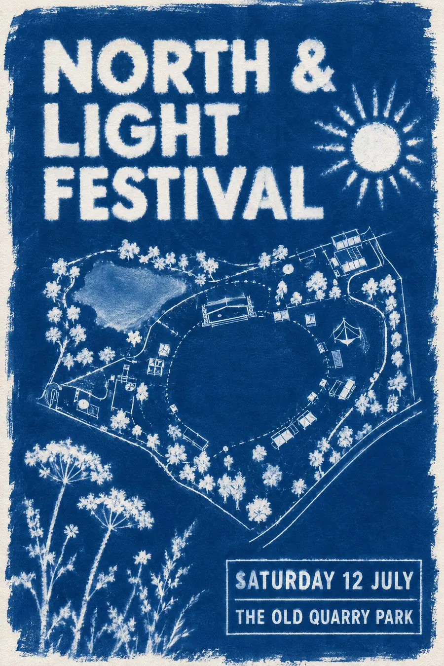 Cyanotype: White lines on deep Prussian blue, with brush marks at the edge of the coating.