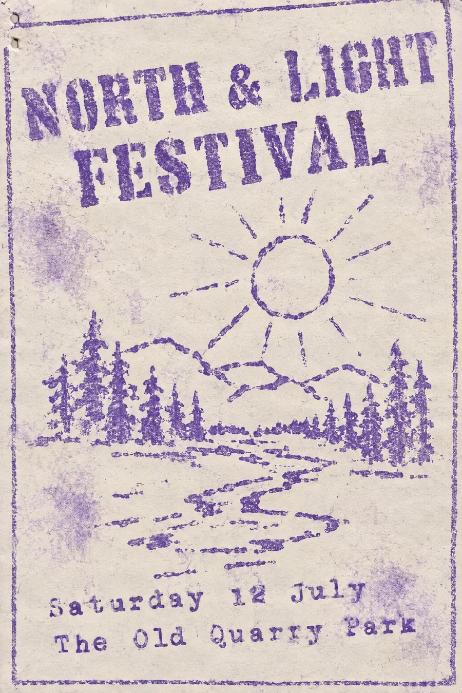 Mimeograph: Faint purple ink on cheap paper, blotchy, with letters that have started to fill in.