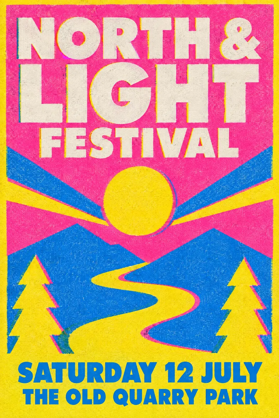 Risograph: Two or three fluorescent inks, misregistered, with grain and visible overprint.